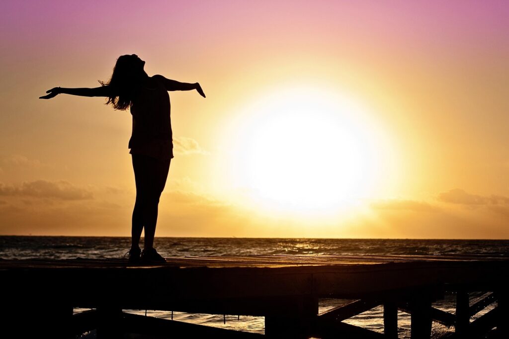 woman, girl, freedom, happy, sun, silhouette, nature, sunrise, beach, sunset, dusk, dawn, twilight