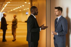 Two men in suits having a discussion in a modern hallway setting.