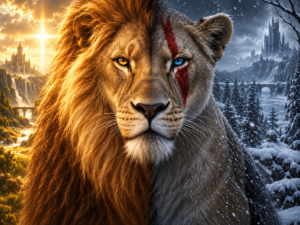 News & Stories Split portrait of a lion and lioness illustrating Faith Driven Consumer’s Add-Us-In appeal to Netflix about Aslan in Narnia